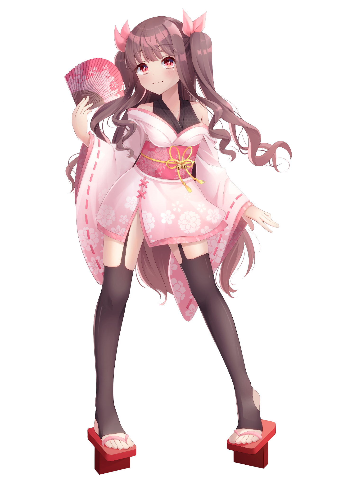 Full-body character illustration with patterned pink clothing, a fan and no scene background.